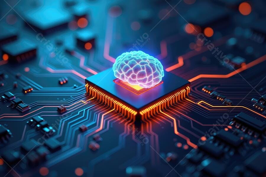Foto Cérebro Digital Brilhante em Chip de Computador Inteligência Artificial