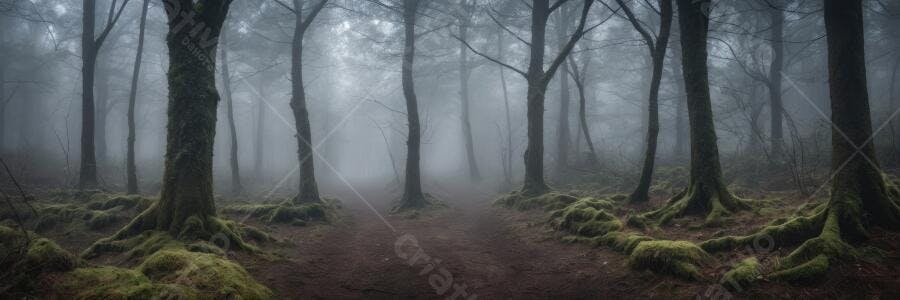 Foto Floresta Nebulosa Árvores Musgosas Caminho Misterioso