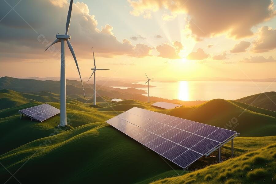 Foto Energia Renovável Painéis Solares e Eólicas Pôr do Sol