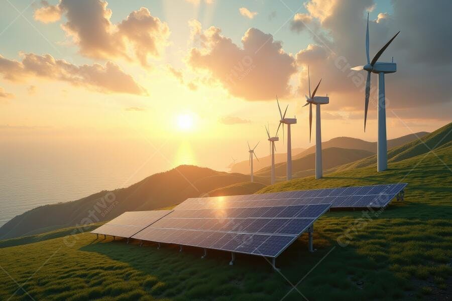Foto Painéis Solares e Turbinas Eólicas Pôr do Sol Energia Limpa