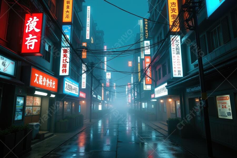 Foto Rua Japonesa Noturna Neon Chuva e Neblina