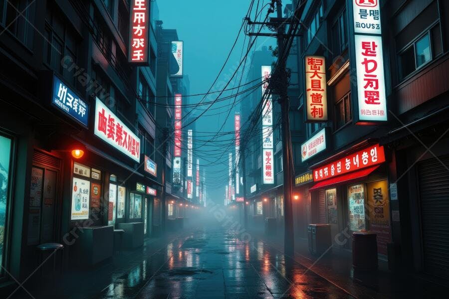 Foto Rua Noturna Japonesa com Letreiros Neon e Névoa Urbana