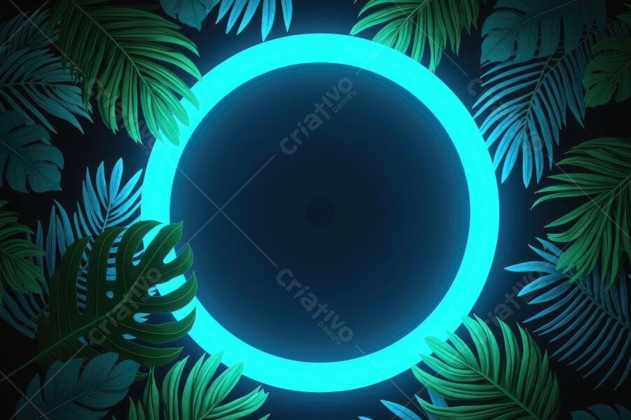 Fundo Neon Círculo Azul Folhas Tropicais Escuras