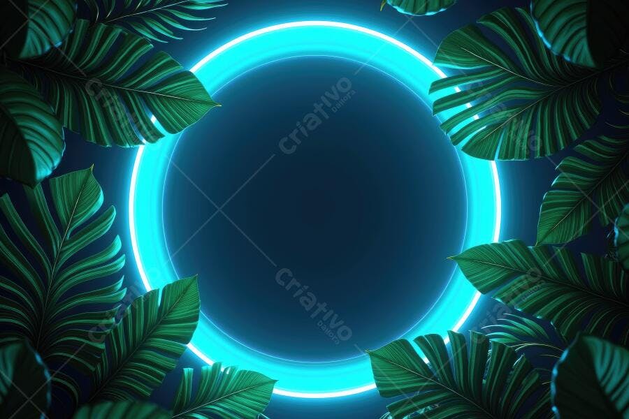 Fundo Neon Azul Círculo Folhas Tropicais Escuras