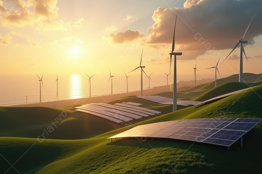 Foto Energia Renovável Painéis Solares e Eólicas Pôr do Sol
