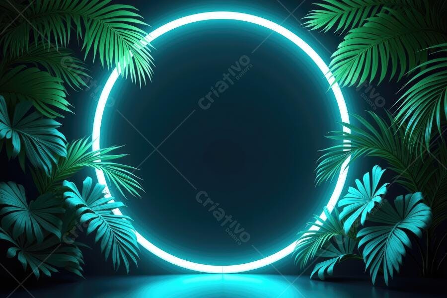 Fundo Neon Círculo Azul Folhas Tropicais Escuras