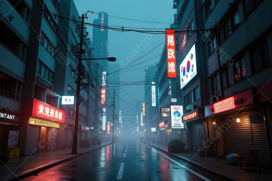 Foto Rua Asiática Noturna Neblina Placas Neon Luminosas
