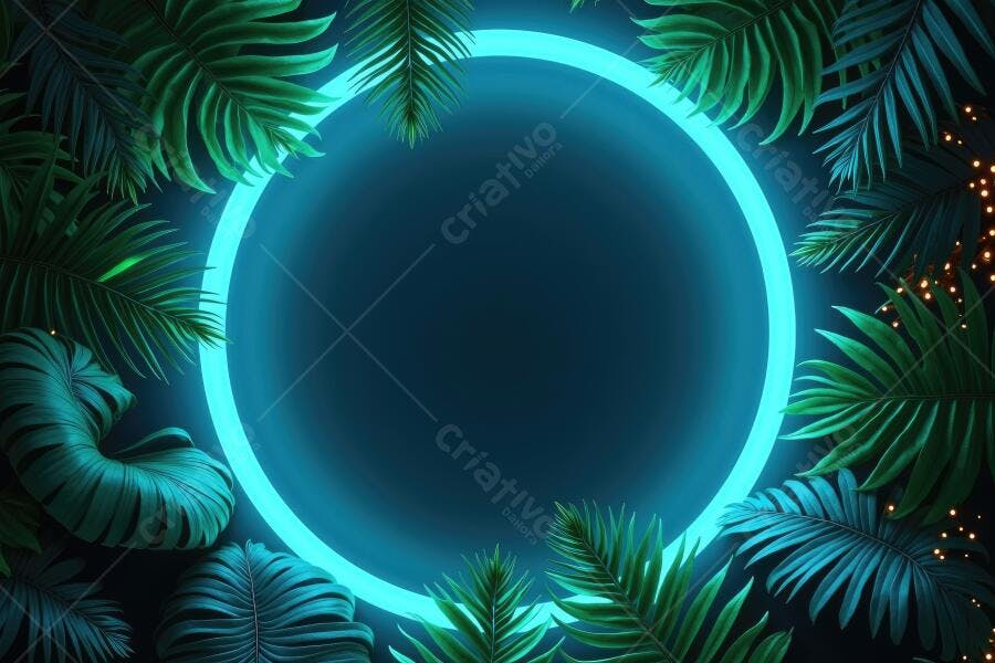 Fundo Tropical Neon Círculo Azul Folhas Verdes Escuras