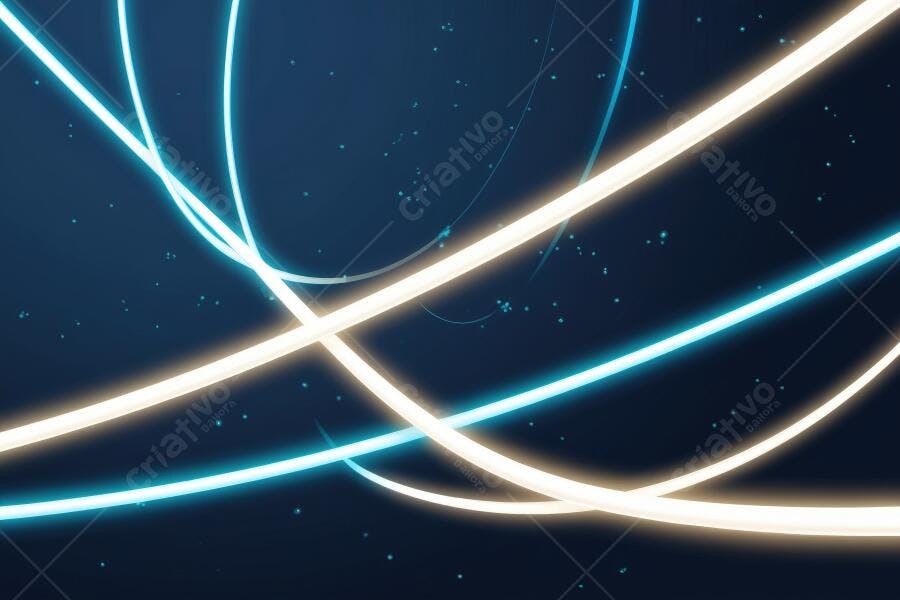 Foto Abstrata Linhas de Luz Neon Azul e Dourado Fundo Escuro
