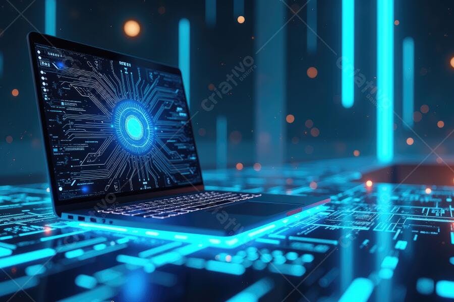 Foto Notebook com Circuito Digital Iluminação Neon Azul