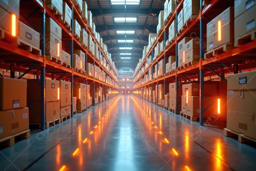 Foto Armazém Industrial Corredor Estreito Prateleiras Caixas