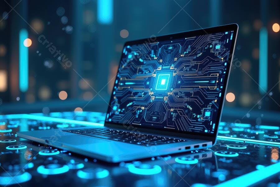 Foto Notebook Tecnologia Inteligência Artificial Fundo Azul Neon