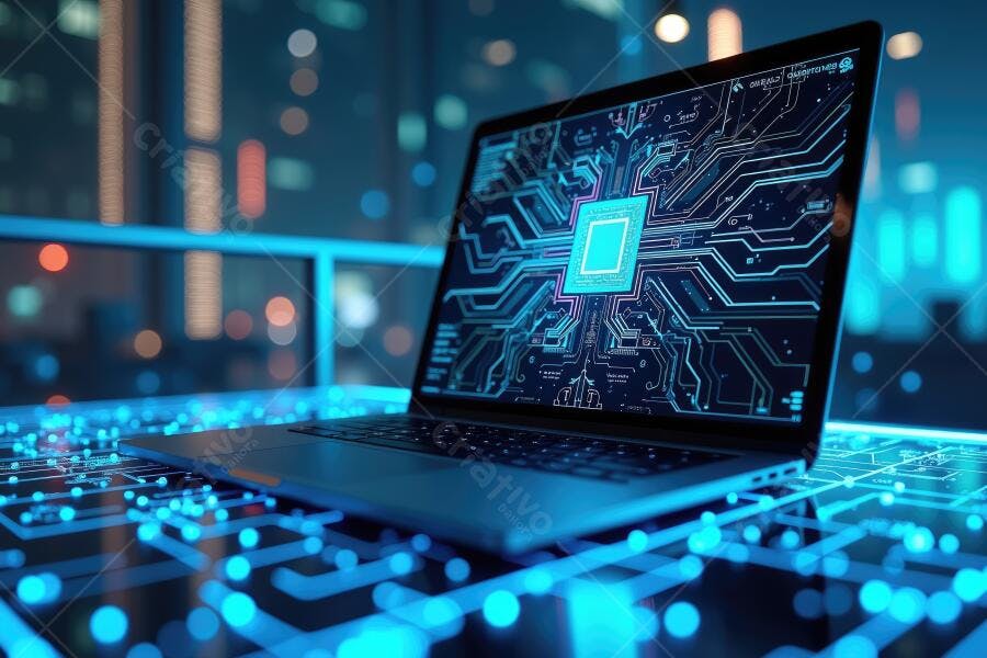 Foto Notebook com Circuito Eletrônico Digital Azul Tecnologia