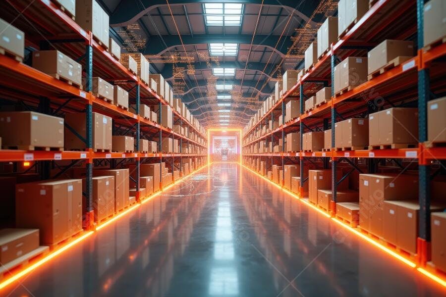 Foto Corredor Armazém Logística Caixas Estocadas Iluminação Neon
