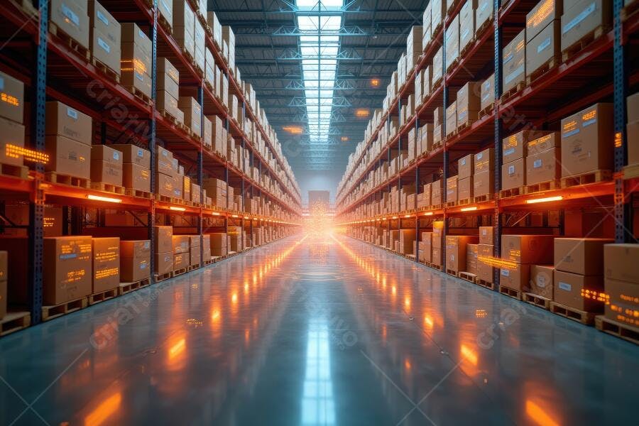 Foto Armazém Industrial Corredor Iluminado Caixas Estoque