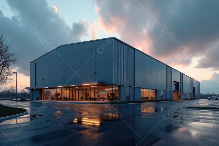 Foto Armazém Galpão Industrial Moderno Exterior Noite