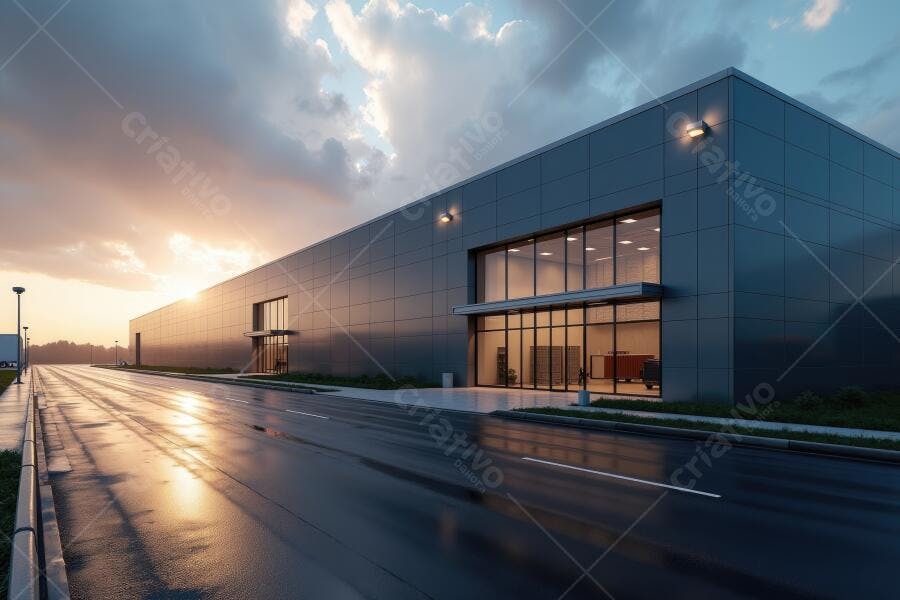 Foto Armazém Moderno Exterior Pôr do Sol Indústria Logística