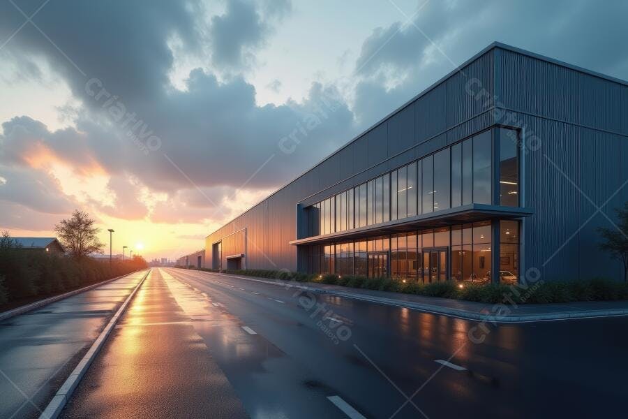 Foto Armazém Industrial Moderno Pôr do Sol Céu Nublado