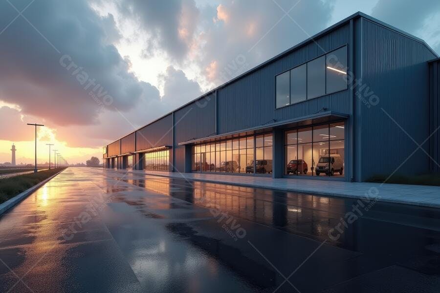 Foto Galpão Industrial Moderno Exterior Pôr do Sol Céu Nublado