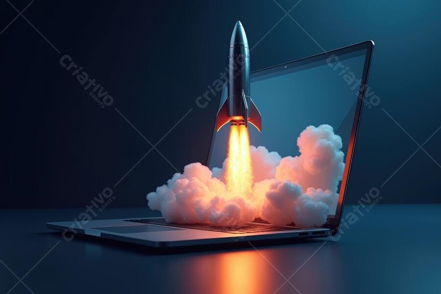 Foto Foguete Decolando Notebook Conceito Startup Tecnologia