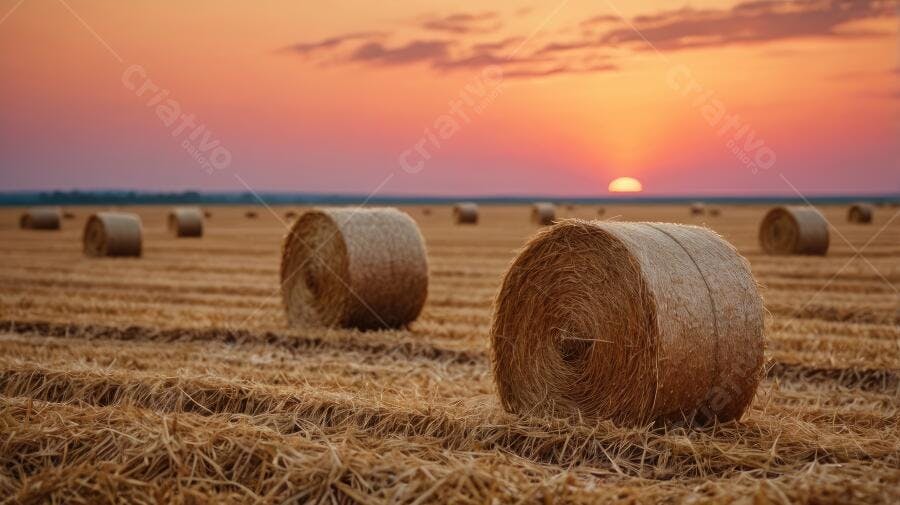 Foto Rolos de Feno Campo Colheita Pôr do Sol Dourado