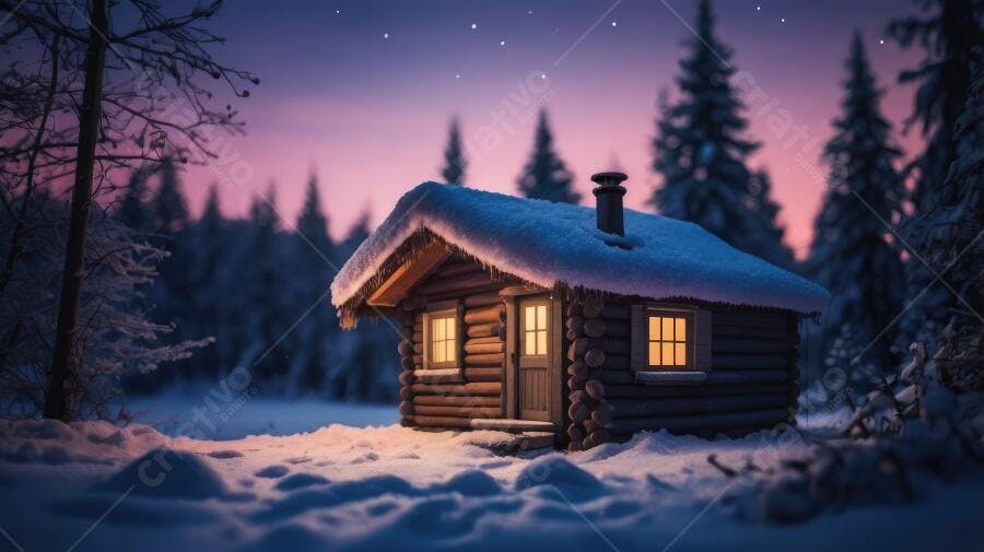 Foto Cabana de Madeira Neve Floresta Inverno Noite