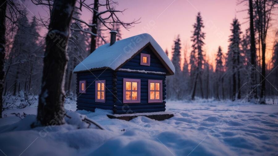 Foto Casa de Inverno Neve Floresta Pôr do Sol Roxo