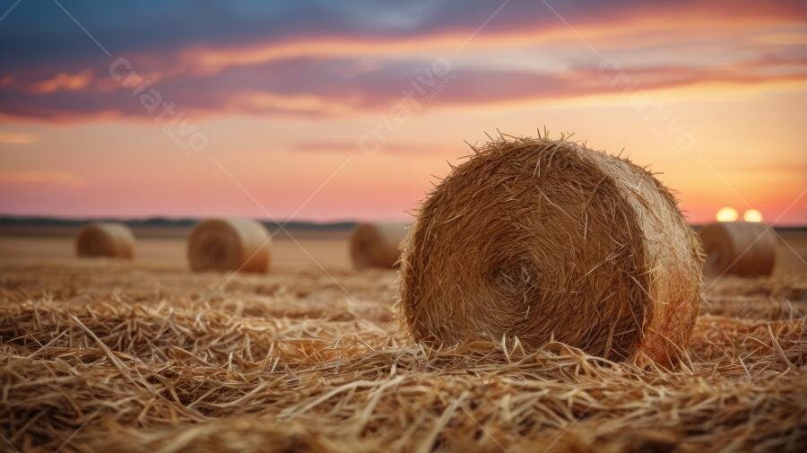 Foto Feno Rolo Campo Pôr do Sol Dourado Paisagem Rural