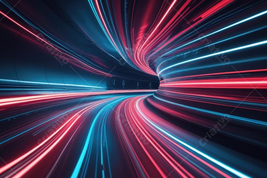 Foto Abstrata Túnel de Luzes Neon Vermelhas e Azuis Velocidade