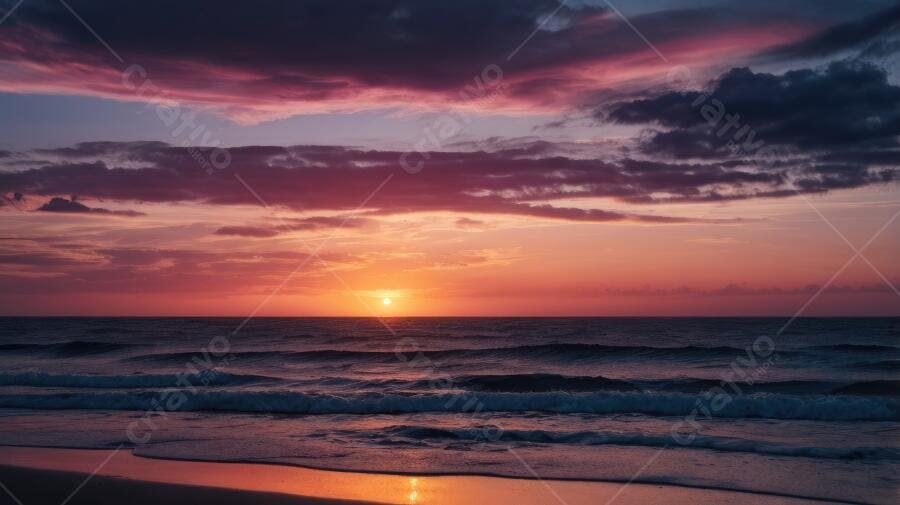 Foto Pôr do Sol na Praia Oceano Ondas Céu Rosa e Roxo