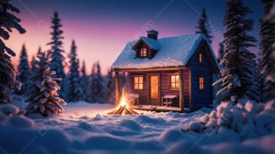 Foto Cabana de Madeira Neve Fogueira Inverno Noite