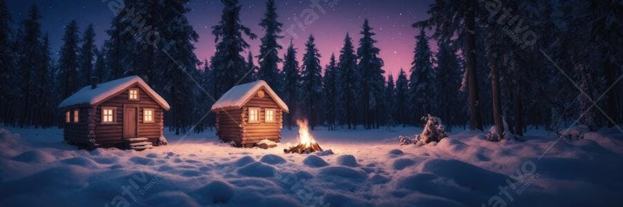 Foto Cabanas de Madeira Neve Fogueira Inverno Noturno