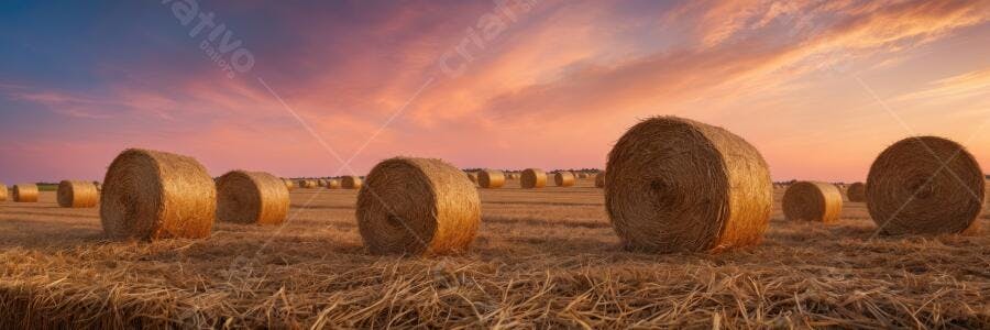 Foto Fardos de Feno Campo Dourado Pôr do Sol Rural