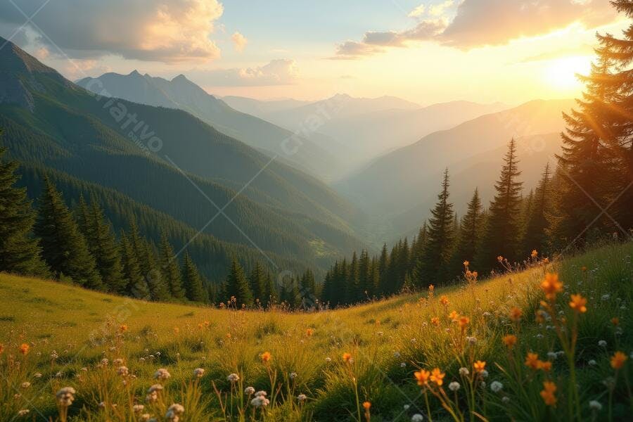 Foto Paisagem Montanhas Alpes Suíços Pôr do Sol Dourado