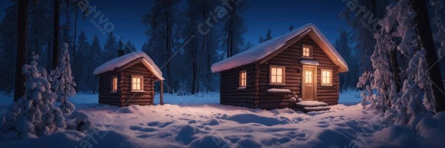 Foto Cabanas de Madeira Neve Inverno Noite Iluminada