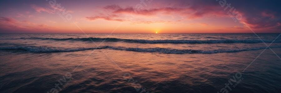 Foto Panorâmica Pôr do Sol Praia Mar Ondas Céu Laranja