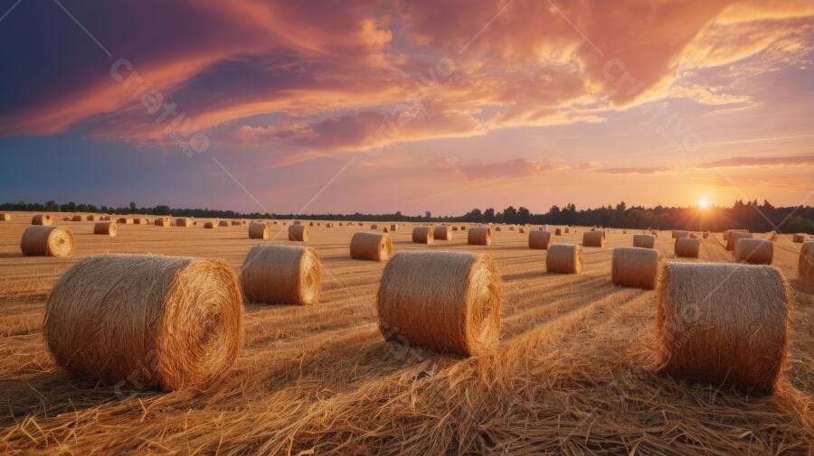 Foto Campo de Feno Rolos de Palha Pôr do Sol Dourado Agricultura