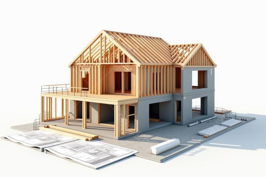 Foto Casa em Construção Estrutura de Madeira Planta Baixa