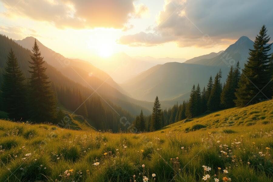 Foto Paisagem Montanhas Pôr do Sol Vale Floresta Pinheiros