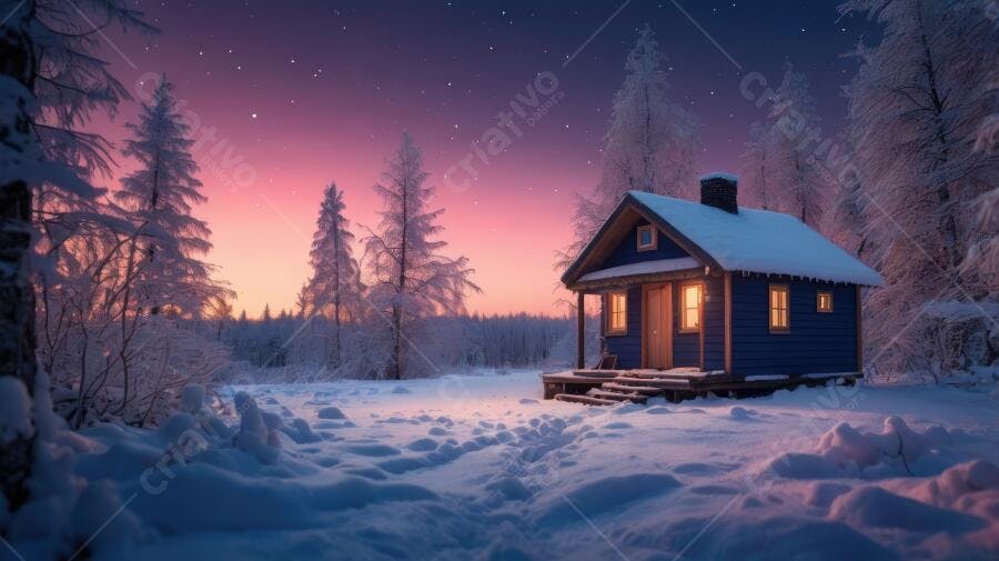 Foto Casa de Inverno Neve Noite Estrelada Céu Rosa Azul
