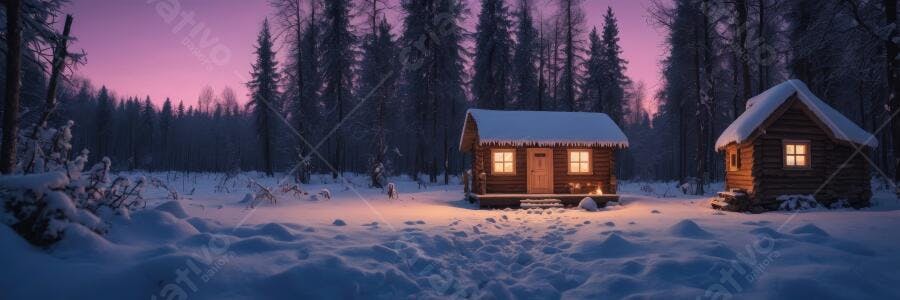 Foto Cabanas de Madeira Neve Floresta Inverno Céu Roxo