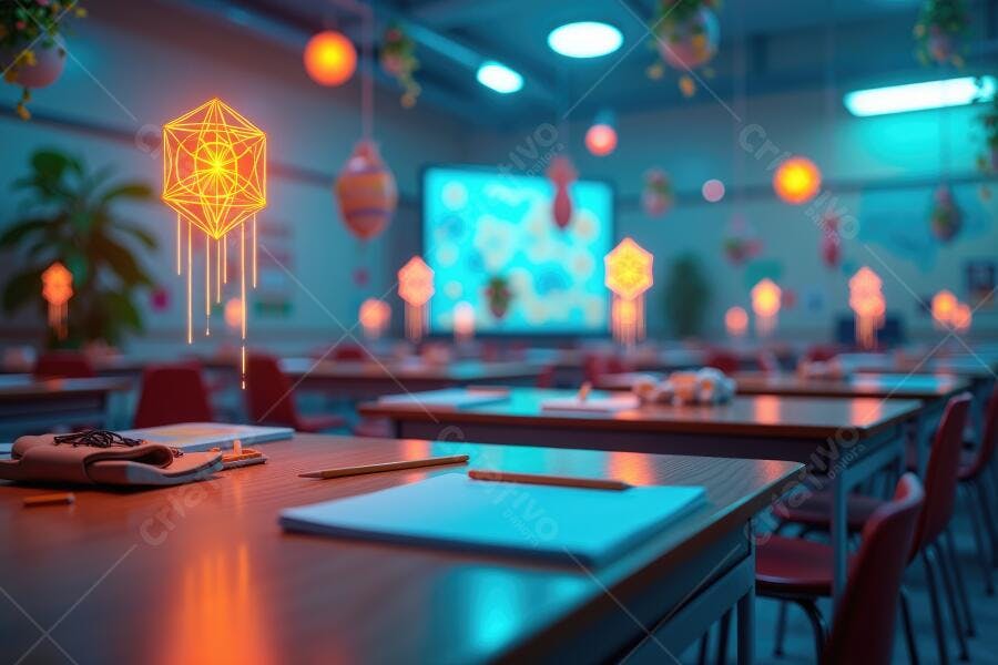 Foto Sala de Aula Vazia Tecnologia Holograma Laranja Azul Neon