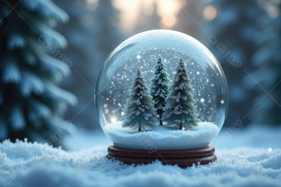 Foto Globo de Neve Natal com Pinheiros e Flocos Inverno