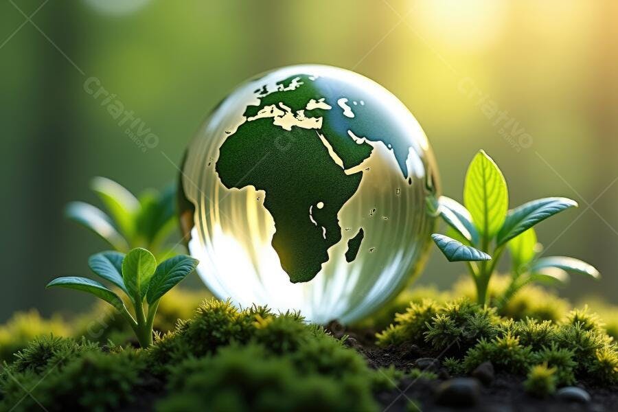 Foto Globo Terrestre Vidro Brotos Verdes Natureza Sustentabilidade