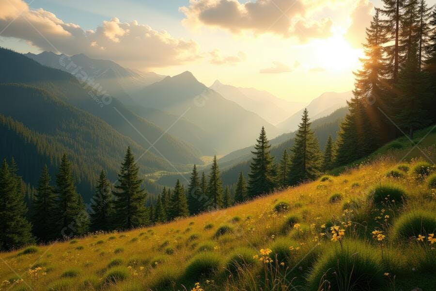 Foto Paisagem Montanhas Pôr do Sol Floresta Pinheiros Campo