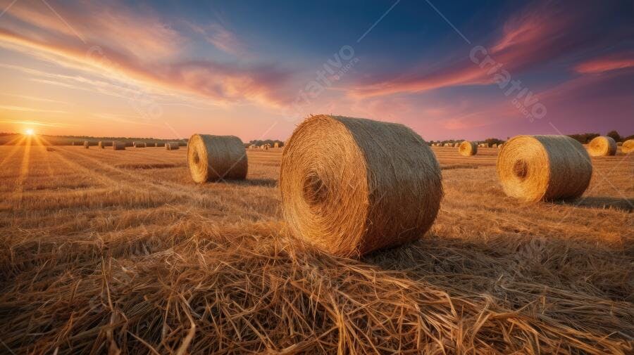 Foto Rolos de Feno Campo Dourado Pôr do Sol Paisagem Rural