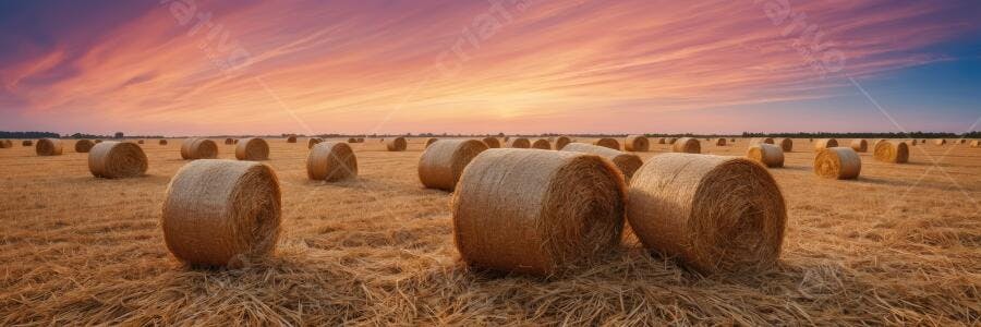 Foto Campo de Feno Rolos de Fardos Pôr do Sol Dourado