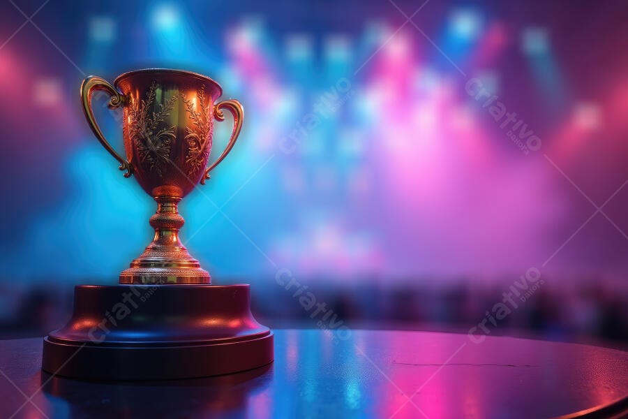 Foto Troféu Dourado Palco Iluminação Neon Rosa Azul
