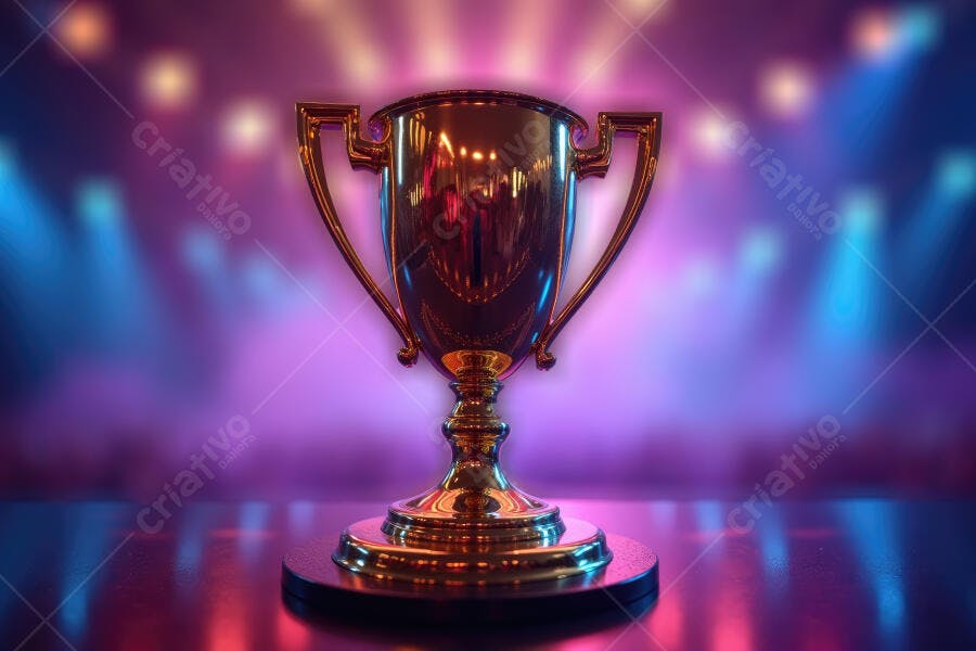 Foto Troféu Dourado Brilhante Palco Iluminação Neon Azul Roxo