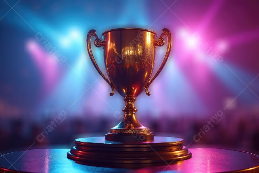 Foto Troféu Dourado Brilhante Iluminação Neon Azul Rosa